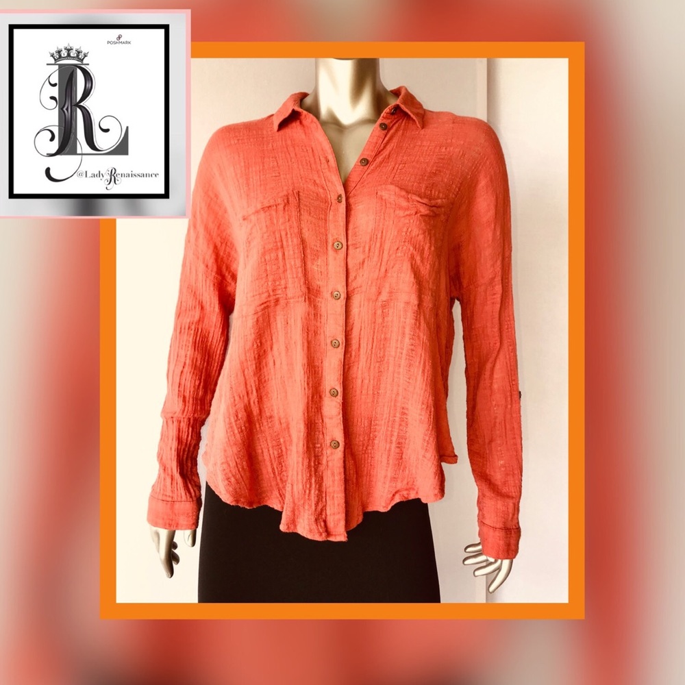 FREE PEOPLE GAUZE BURNT ORANGE SHIRT W/ SPLIT TAIL
